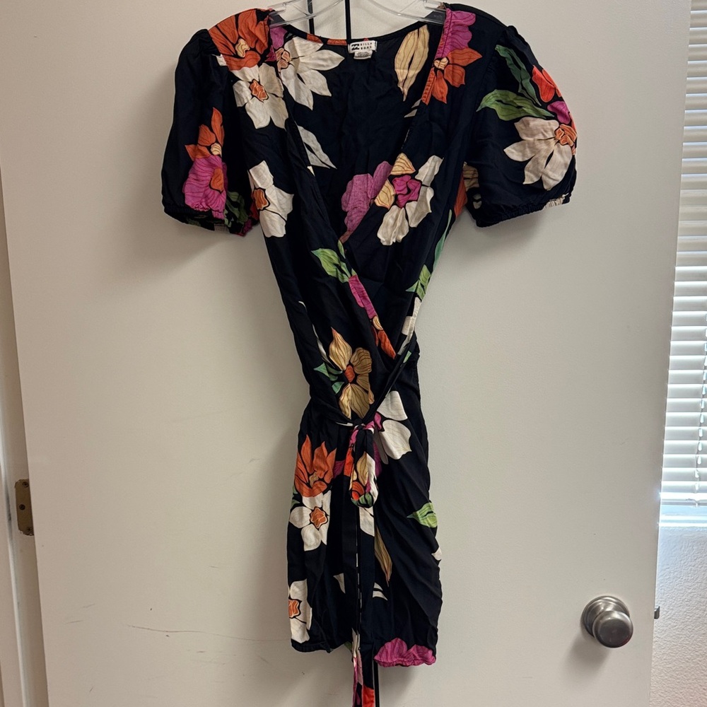 Billabong Black Floral Wrap Mini Dress with Multicolor Blooms